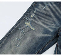 Fashionable new men's jeans with pleated elastic slim fit, retro washed blue jeans, high street designer hip-hop brand pants, ho