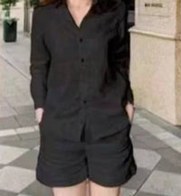 2025 Summer Cotton Linen Casual Shirt Two Piece Set For Women Shorts 2 Piece Sets Outfit Long Sleeve Short Sets Outfits Home