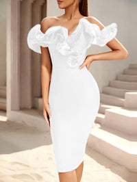 Women's Off Shoulder Bandage Midi Dress Luxury Design Ruffled  Elegant Black Sleeveless Ruffled Sexy Club Party Evening Dresses