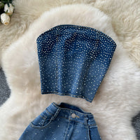 Denim Pant Set Women Two Piece Sets Sexy Matching Sets Sleeveless Short Tops Long Flare Pants High Waist Slim Hot Diamond