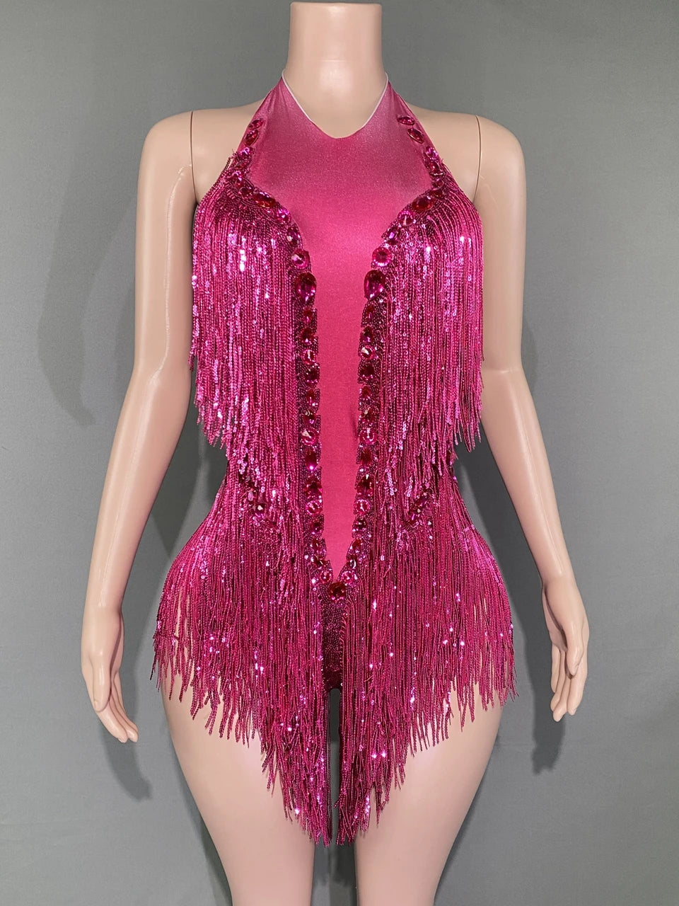 Sparkly Hot Pink Crystals Sequins Fringes Bodysuit for Women Sexy Backless Dance Costume Dancer Performance Show Stage Wear