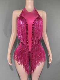 Sparkly Hot Pink Crystals Sequins Fringes Bodysuit for Women Sexy Backless Dance Costume Dancer Performance Show Stage Wear
