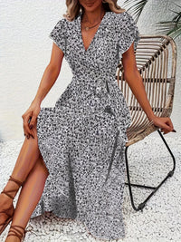 Summer Dresses for Women Sexy V Neck Short Sleeve Irregular High Waist Lace-up Flower Print Dress Casual Beach Dresses