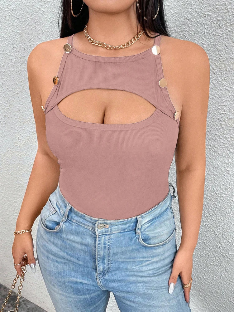 Plus Size 2025 Summer New Front Cutout Contrast Mesh Button Detail Vest Pure Colour Summer Best Choice