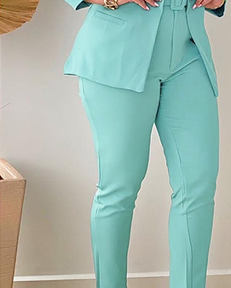 Blazer and Pants Two Piece Set Office Suit for Women 2023 Casual Solid Turn-down Collar Buttoned Coat & Belted Trousers Outfit