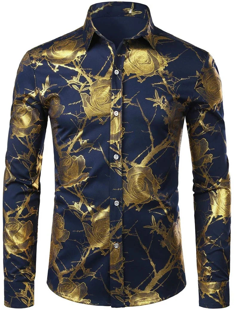 Mens Gold Rose Floral Print Shirts Brand Floral Steampunk Chemise White Long Sleeve Wedding Party Bronzing Camisa Masculina New