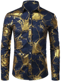 Mens Gold Rose Floral Print Shirts Brand Floral Steampunk Chemise White Long Sleeve Wedding Party Bronzing Camisa Masculina New