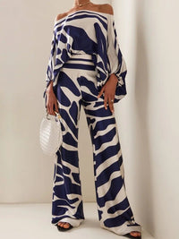 Chic Print Lantern Sleeve Satin Top Wide Leg Pant Suit Women Sexy Off Shoulder Long Sleeve 2 Piece Set Casual Office Lady Outfit