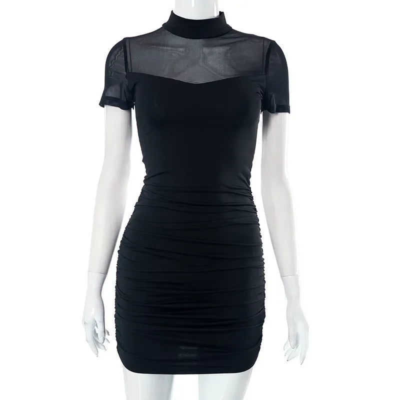 Sexy Pure Color Mesh Splice Design Halter Neck Sleeveless Dress Mini Skirt Length Q23DS261 for Women New Summer Style