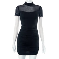 Sexy Pure Color Mesh Splice Design Halter Neck Sleeveless Dress Mini Skirt Length Q23DS261 for Women New Summer Style