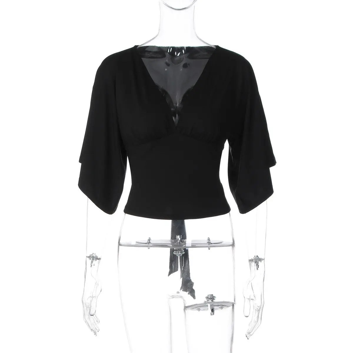 2026 Deep V-neck Design Sense Two Wear Sleeves Short-sleeved T-shirt Women's Summer Strap Design Waist Slim Jacket