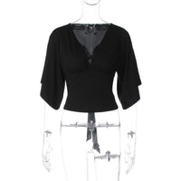 2026 Deep V-neck Design Sense Two Wear Sleeves Short-sleeved T-shirt Women's Summer Strap Design Waist Slim Jacket