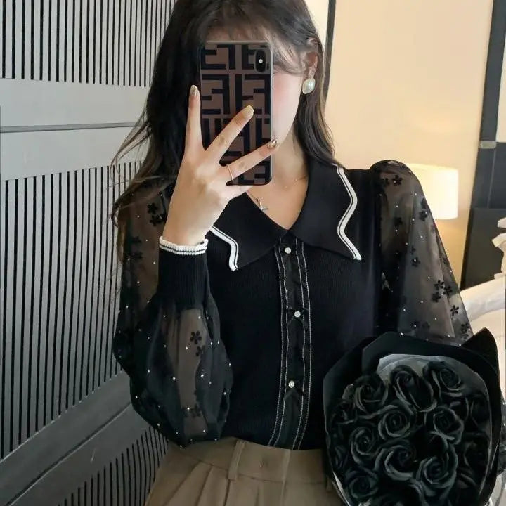 Spring Women's 2025 New Chiffon Splicing Fashionable and Beautiful Small Shirt, Early Spring French Sweet and Elegant Chic Top