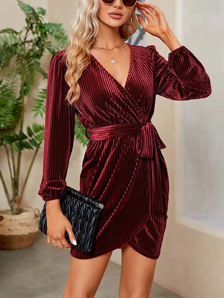 2023 Autumn Red Velvet Dress Women Long Sleeve V-neck Wrap Dress Mini Short Party Dresses for Women