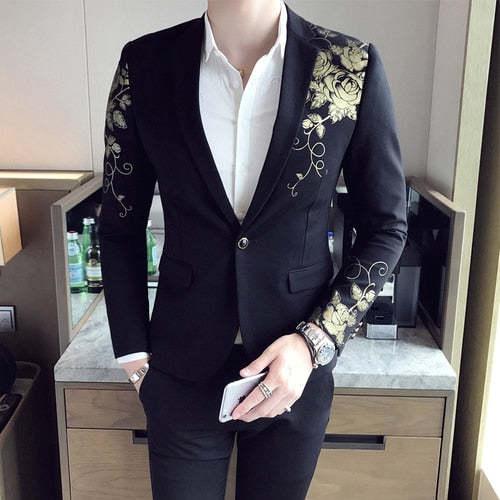 2022 New Luxury Gold Print Blazer Slim Fit Men Party Wedding Dress Black Suit Jacket