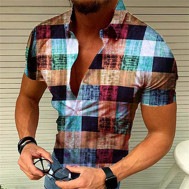 Men's retro plaid short sleeved flip collar printed shirt for street leisure and high-quality vacation designer clothing