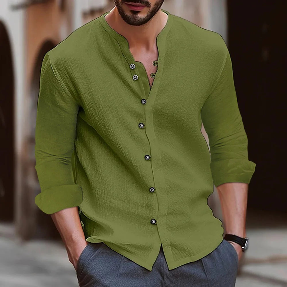 Retro Style Summer Men's Casual Cotton Linen Shirt Mock Neck Solid V-Neck Long Sleeve Loose Top Handsome Shirt US Size S-3XL