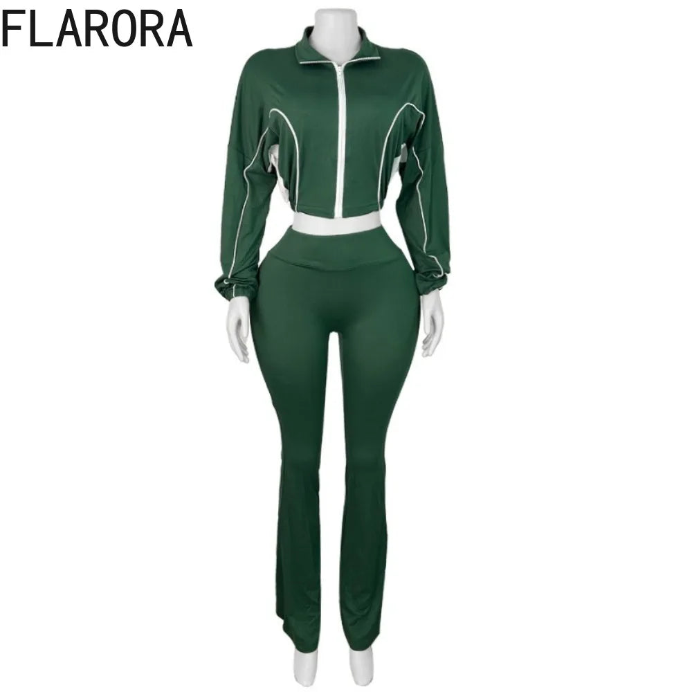 FLARORA Fashion Stripe Patchwork 2 Pcs Sets Woman Long Sleeve Zip Crop Jackets And Flare Pants Outfits Casual Street Tracksuits