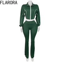 FLARORA Fashion Stripe Patchwork 2 Pcs Sets Woman Long Sleeve Zip Crop Jackets And Flare Pants Outfits Casual Street Tracksuits