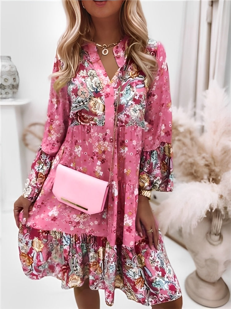 Elegant Beach Floral Print Women Dress Bohimian Loose Flare Sleeve Casual V Neck Dress Ladies Summer Fashion Patchwork Clothing