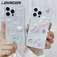 Cute 3D Laser Love Heart Glitter Sequins Clear Phone Case For iPhone 15 14 13 12 11 Pro Max X XR XS 7 8 Plus Bumper Soft Cover