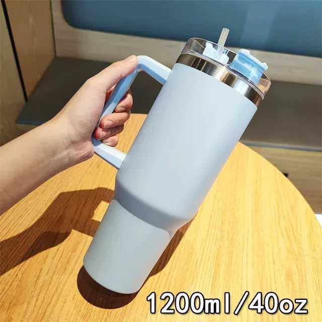 40oz 304 stainless steel vacuum insulated water cup with handle, straw cover, car portable sports travel cup leak proof design