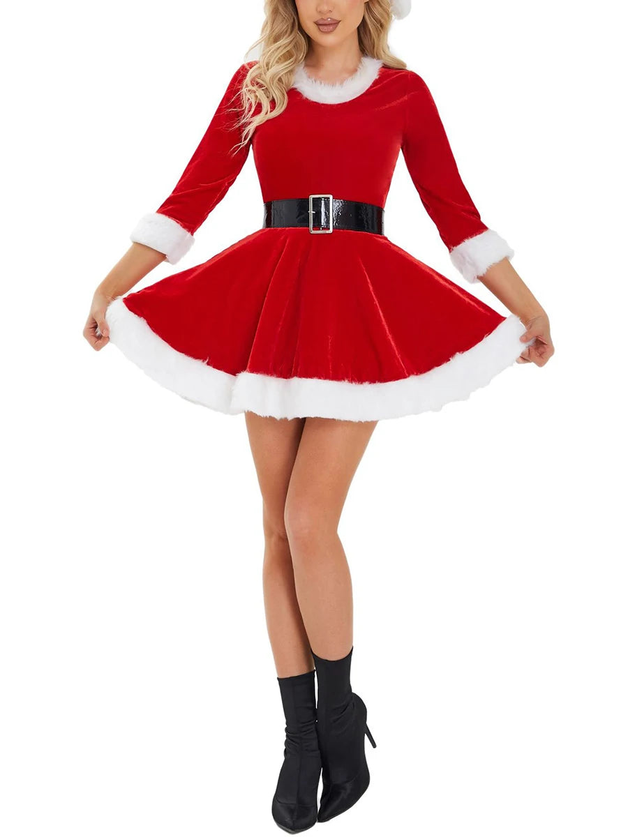 Christmas Dress for Women Santa Cosplay Costume Plush Trim Velvet Round Neck 3/4 Sleeve Belt Dress with Hat