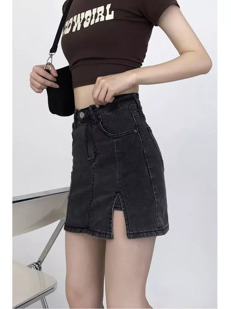 Feynzz Small Split Denim Skirt Women's Summer Elastic Slim Fit High Waist A-line Hot Girl Bag Hip Skirt