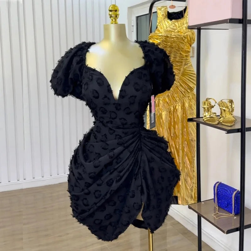 Women's Clothing 2025 Spring and Summer New Sexy V-neck Bubble Sleeves High Waist and Thin Pleated Short Dress