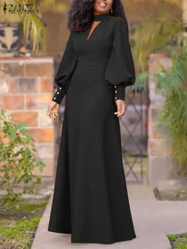 ZANZEA Vintage Hollow Out Maxi Vestidos 2023 Long Puff Sleeve Dress Women Autumn Waited Robe Fashion Stand Collar Button Dresses