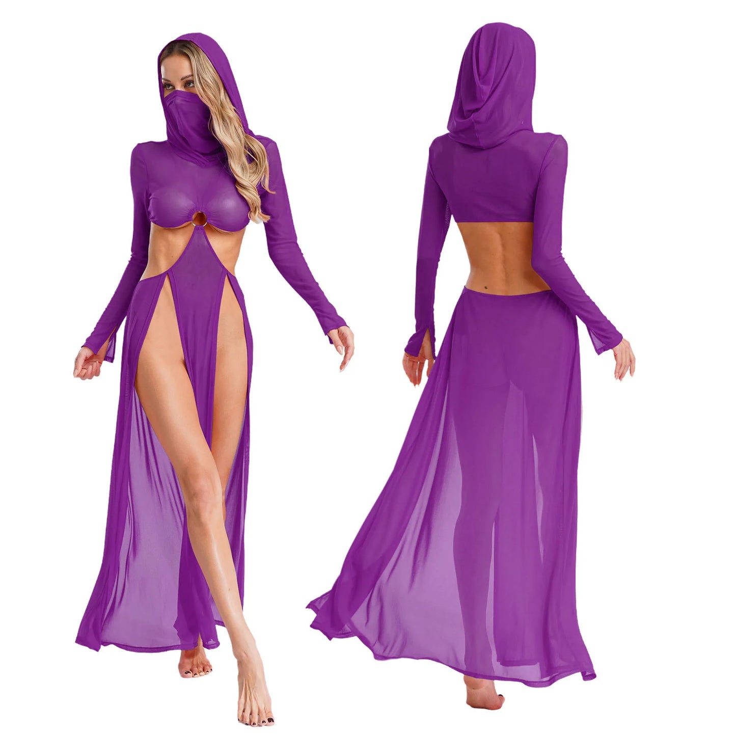 Women Sheer Dress with Hooded Face Mask Maxi High Slit Sexy Mesh Dress Long Sleeves Hollow Out Sheer Dress Cover Up Swimwear