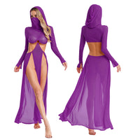 Women Sheer Dress with Hooded Face Mask Maxi High Slit Sexy Mesh Dress Long Sleeves Hollow Out Sheer Dress Cover Up Swimwear