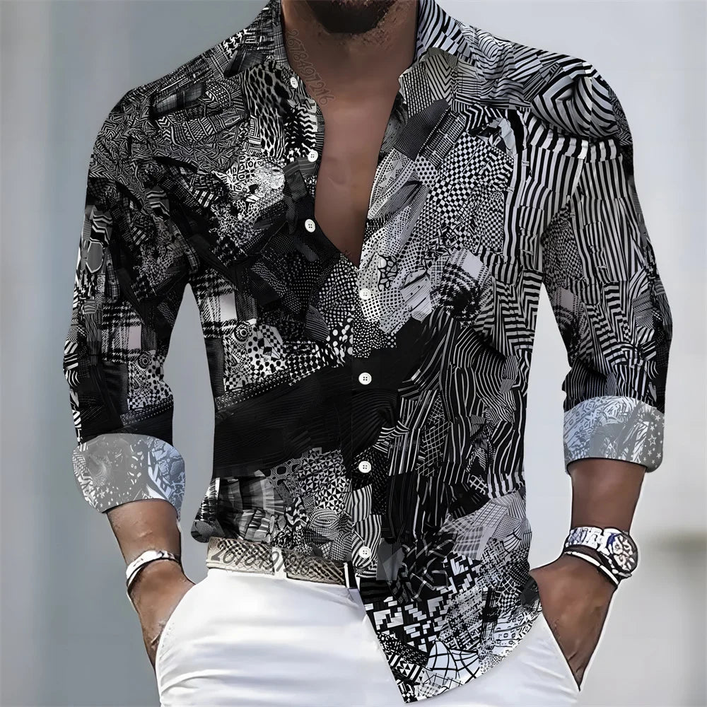 2026 Spring/Autumn New Men's Light Luxury Baroque Style Long-Sleeved Shirt with Color-Blocked Geometric Print Lapel Cardigan
