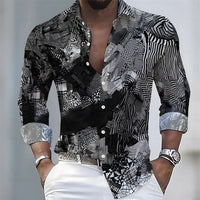 2026 Spring/Autumn New Men's Light Luxury Baroque Style Long-Sleeved Shirt with Color-Blocked Geometric Print Lapel Cardigan