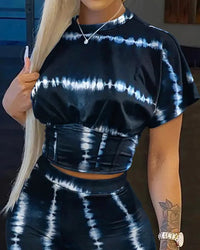 Casual O-neck Short Sleeve T-shirt Shorts Set Office Lady Summer Letter Print Tops Solid Shorts Two Piece Set Women Outfit 2024