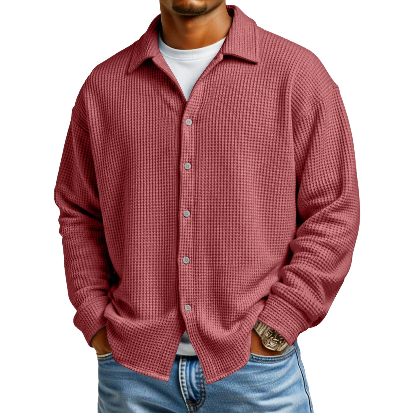 Men Casual Button Down Shirt Long Sleeve Collar Shirt Waffle Texture Loose Fit Fashion Men Top Trendy Outfit Daily Wear