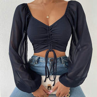 Chiffon Drawstring Crop Top Women Spring Summer Lantern Sleeve V-Neck Fashion Blouses Hight Street Skinny Sexy Shirt Y2K Clothes