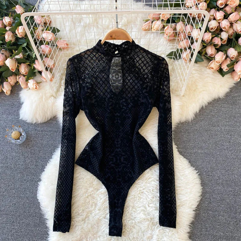 Women Bodycon Bodysuit 2024 Korean Sexy Backless Mesh Bodycon Jumpsuits Chic Flocking Slim Bodysuit Streetwear Long Sleeve 39950