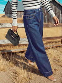 2025 New Women's High Rise Straight Jeans - Classic dark blue washed stretch jeans with button placket, elegant and intellectual