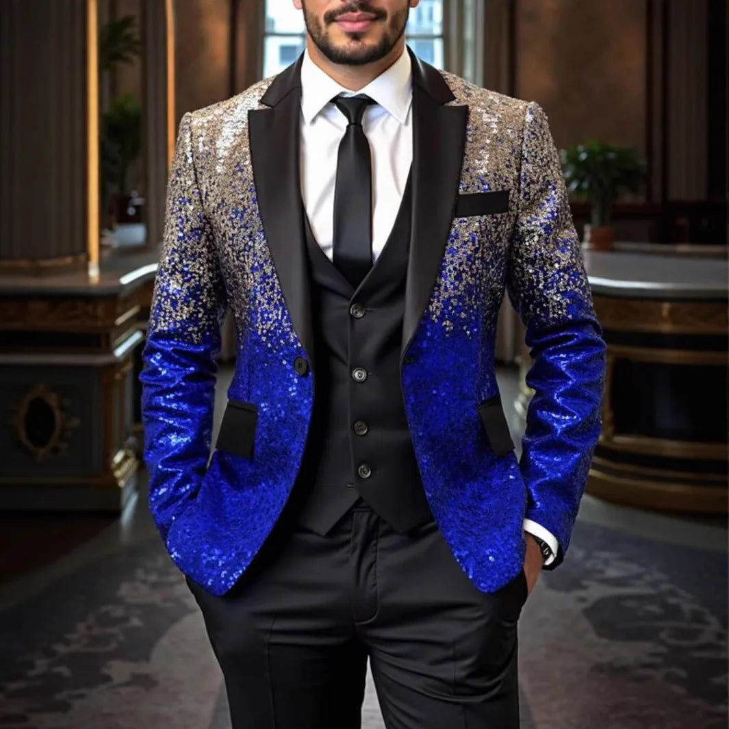 Shiny Sequin Tuxedo Jacket for Men - Royal Blue & Gold Gradient, Black Lapel, Formal Party/Wedding/Stage Wear‌ Coat.