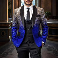 Shiny Sequin Tuxedo Jacket for Men - Royal Blue & Gold Gradient, Black Lapel, Formal Party/Wedding/Stage Wear‌ Coat.