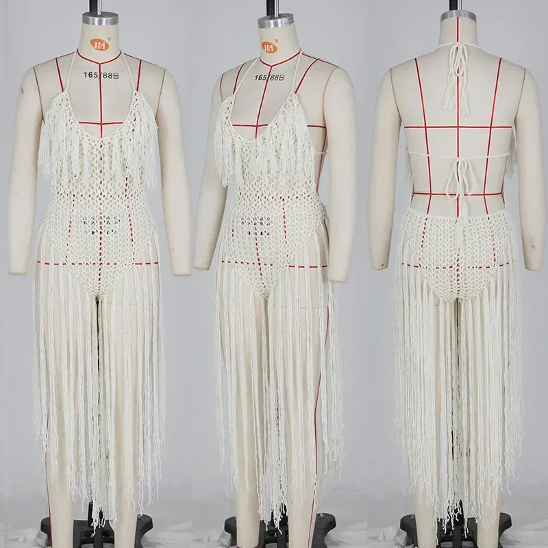 Sexy Crochet Knitted Beach Summer Dress Women Halter V-neck Tassel Backless Maxi Dress Vacation Sheer Long Dresses Swimsuit 2024