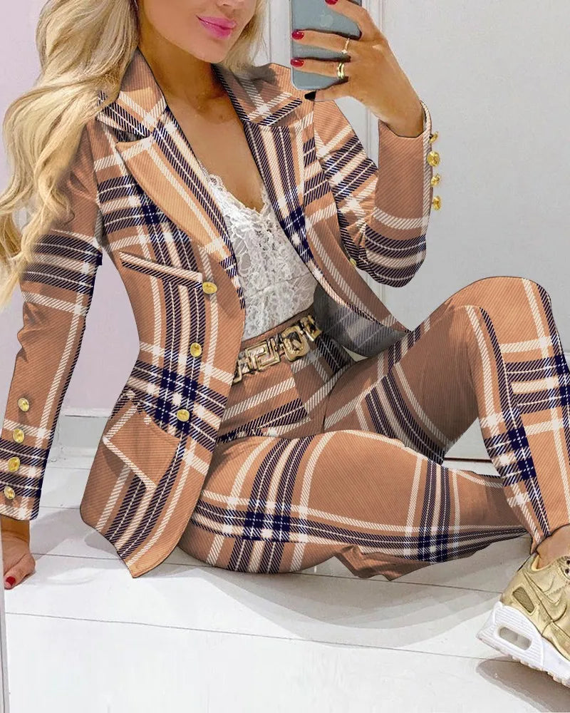 2022 Femme Formal Jacket & Trousers Office Lady Outfits Autumn Women two Pieces set Chain Print Blazer Coat & Pants Suit Sets