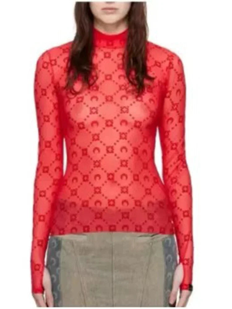 Spring Fashion and Sexy Perspective Women's Pullover Mesh T-Shirt New Semi High Neck Long Sleeved Slim Fit Elastic Women T-Shirt