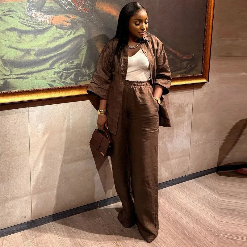 Spring and summer casual shirt long pants two-piece set 2025 new women's fashion lapel loose suit women's daily wear