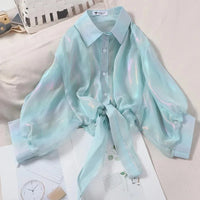Button Up Shirts Women Half Sleeve Shining Sparkles Tied Waist Sexy Chiffon Blouses Shirts For Women Summer Spring