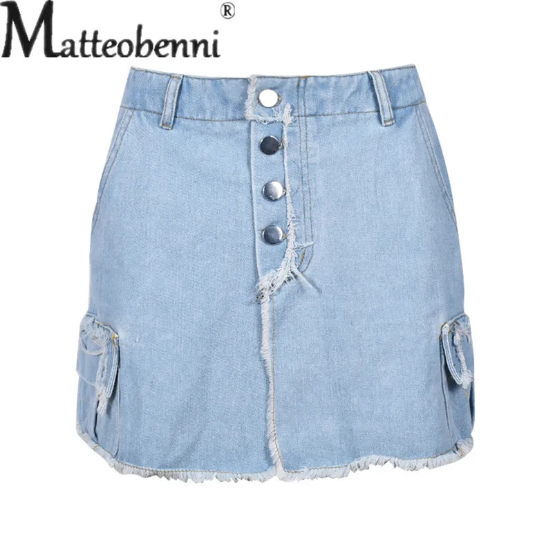 Women Midriff Four Buttons Splicing Denim Skirt New Summer Casual Ultra Short Half-body Dresses Female Trend Streetwear Washable