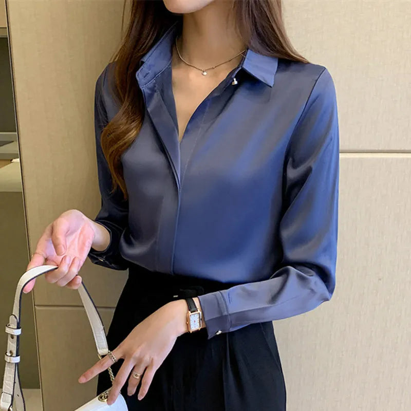 Satin Women's Shirt Long Sleeve Fashion Woman Blouse 2023 Solid Top Female Shirts and Blouse Basic Ladies Tops OL Women Clothing