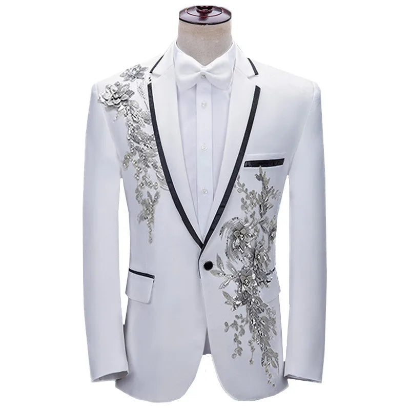 New Men Luxury Patchwork Suit Single Button Flower Jacket Fashion Singer Host Pianist Stage Performance Blazers Coats