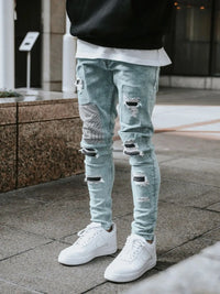 2025 New Men Light Blue Distressed Ripped Stretch Skinny Jeans Slim Fit Trendy Casual Long Pants Multi Color Options